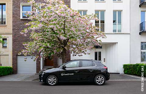 Ein schwarzer Opel Corsa des Carsharing Anbieters Free2move steht vor einem blühenden Baum und städtischen Häusern. 