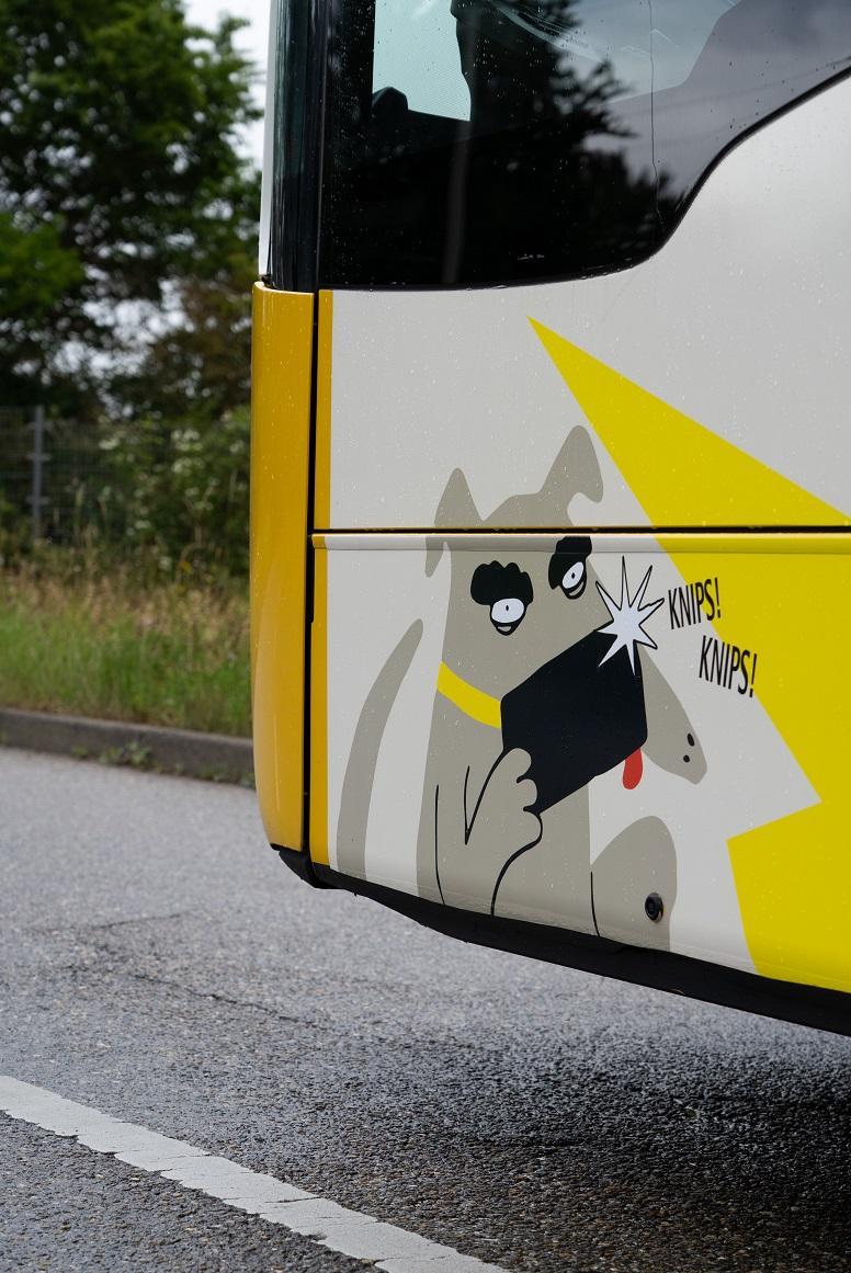 Detailaufnahme des Buses zur Respekt-Kampagne: ein Hund nimmt ein Foto auf.