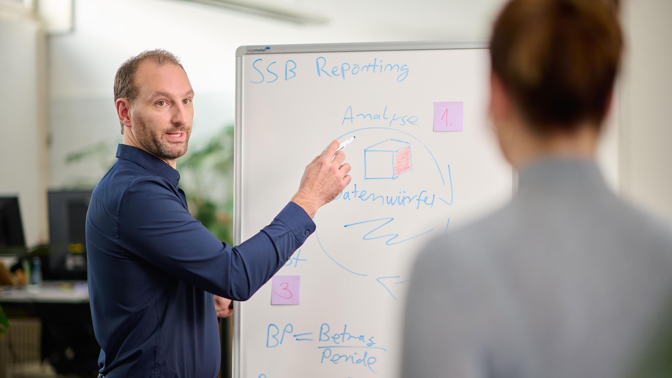 Ein Mann steht vor einer beschrifteten Tafel und erklärt etwas einer Frau.
