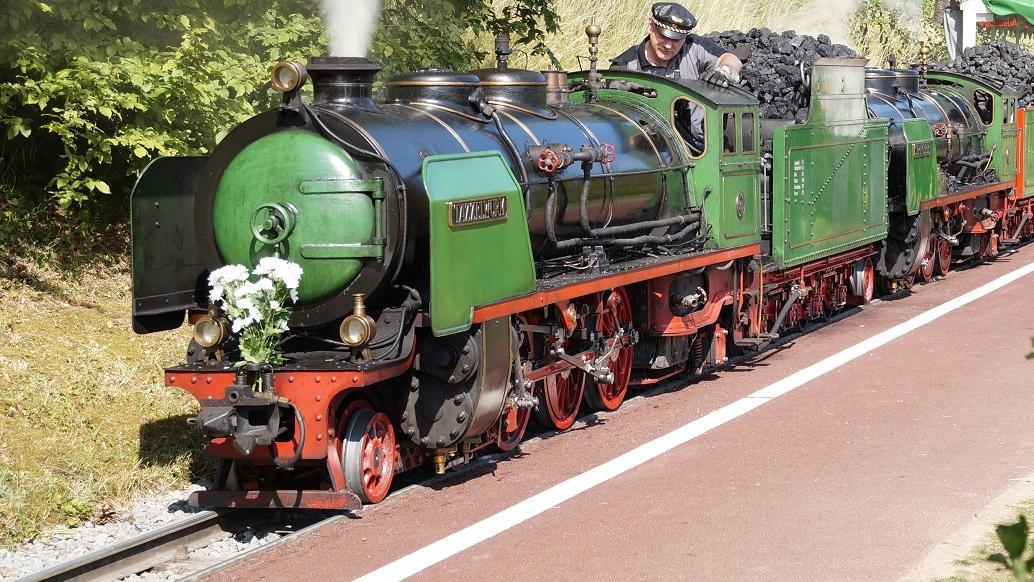 Dampflok Tazzelwurm mit Blumenschmuck an der Front