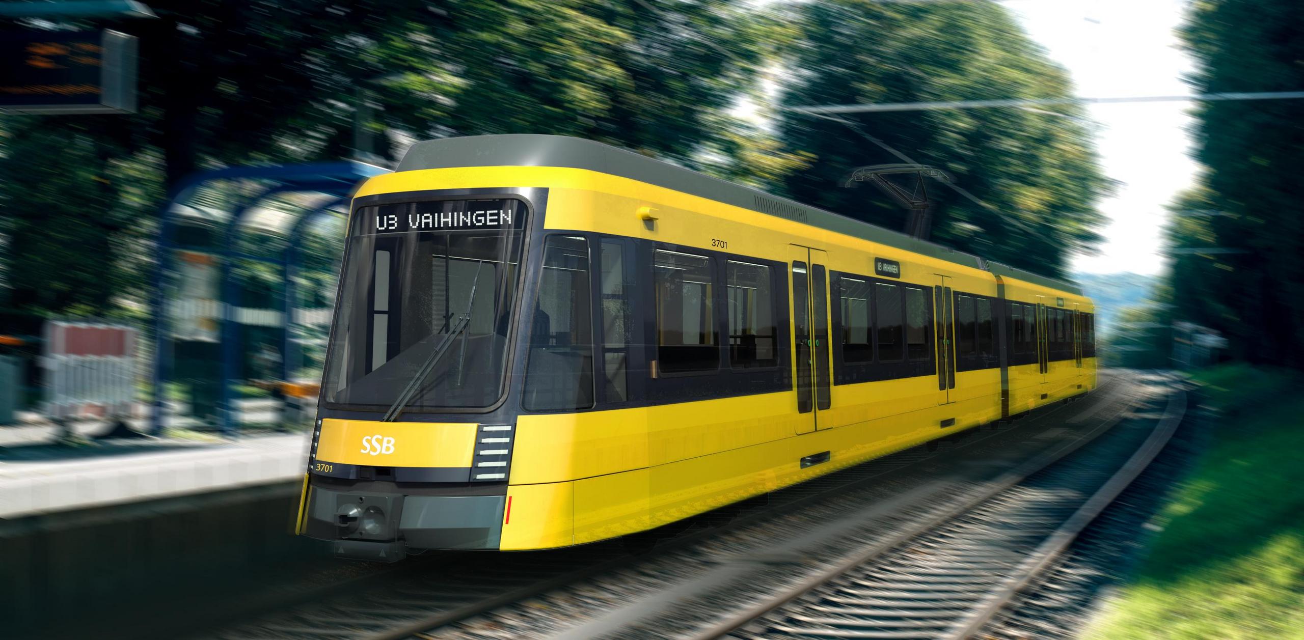 Ein Fahrzeug der Generation S-DT 8.16 fährt an einer Haltestelle vorbei.