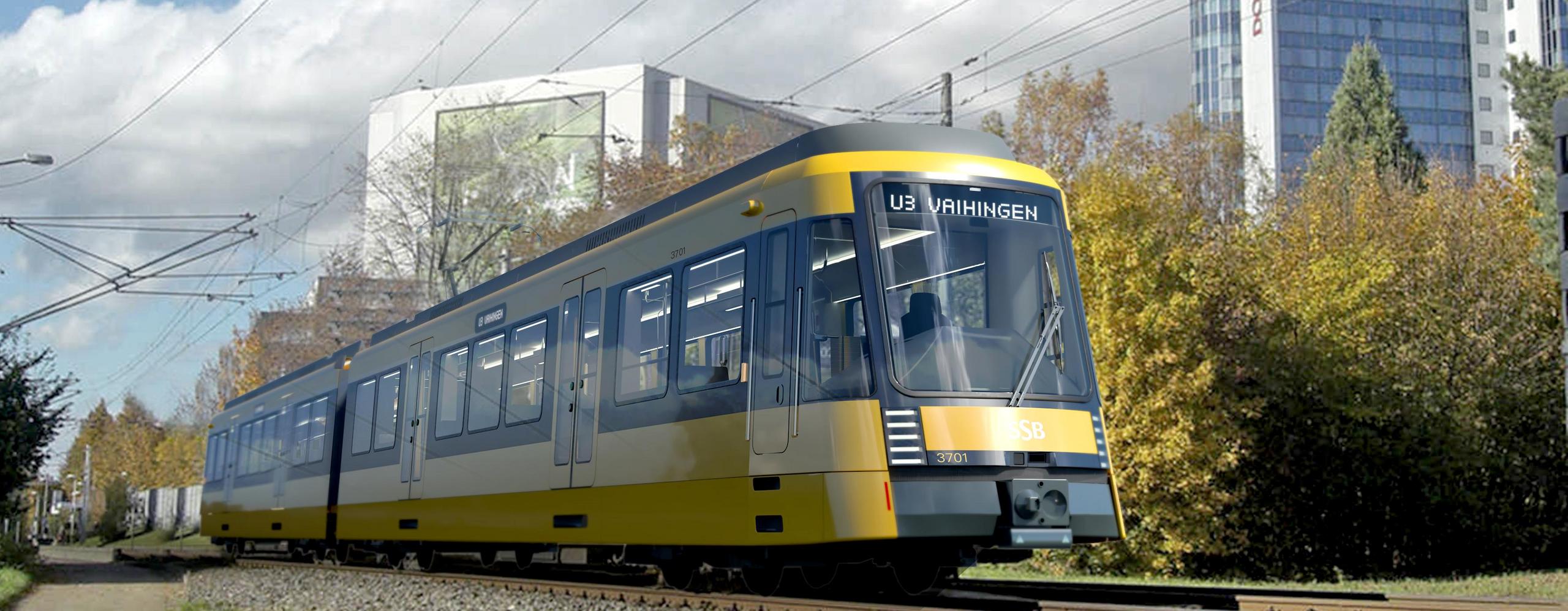 Die neue Stadtbahn fährt entlang von Hochhäusern und Bäumen.