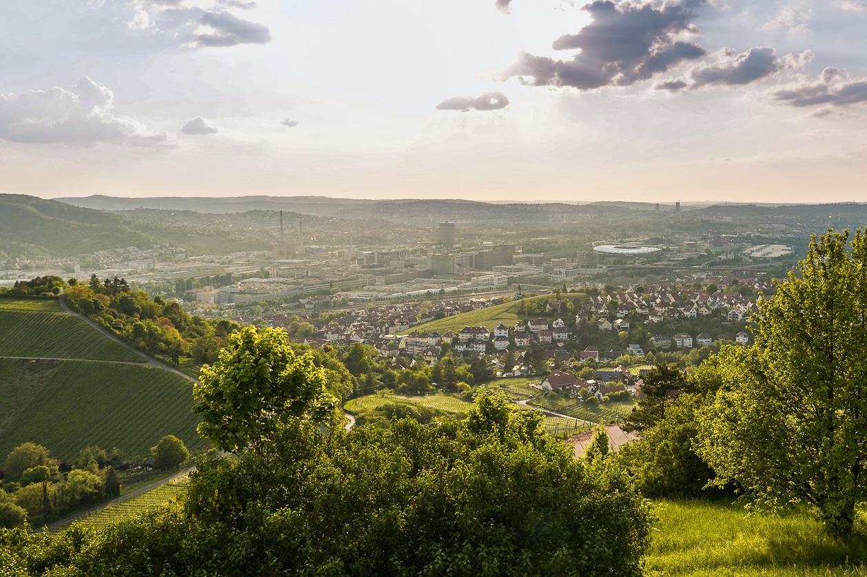 Ein sonniger Ausblick über die Stadt Stuttgart in der grünen Natur.