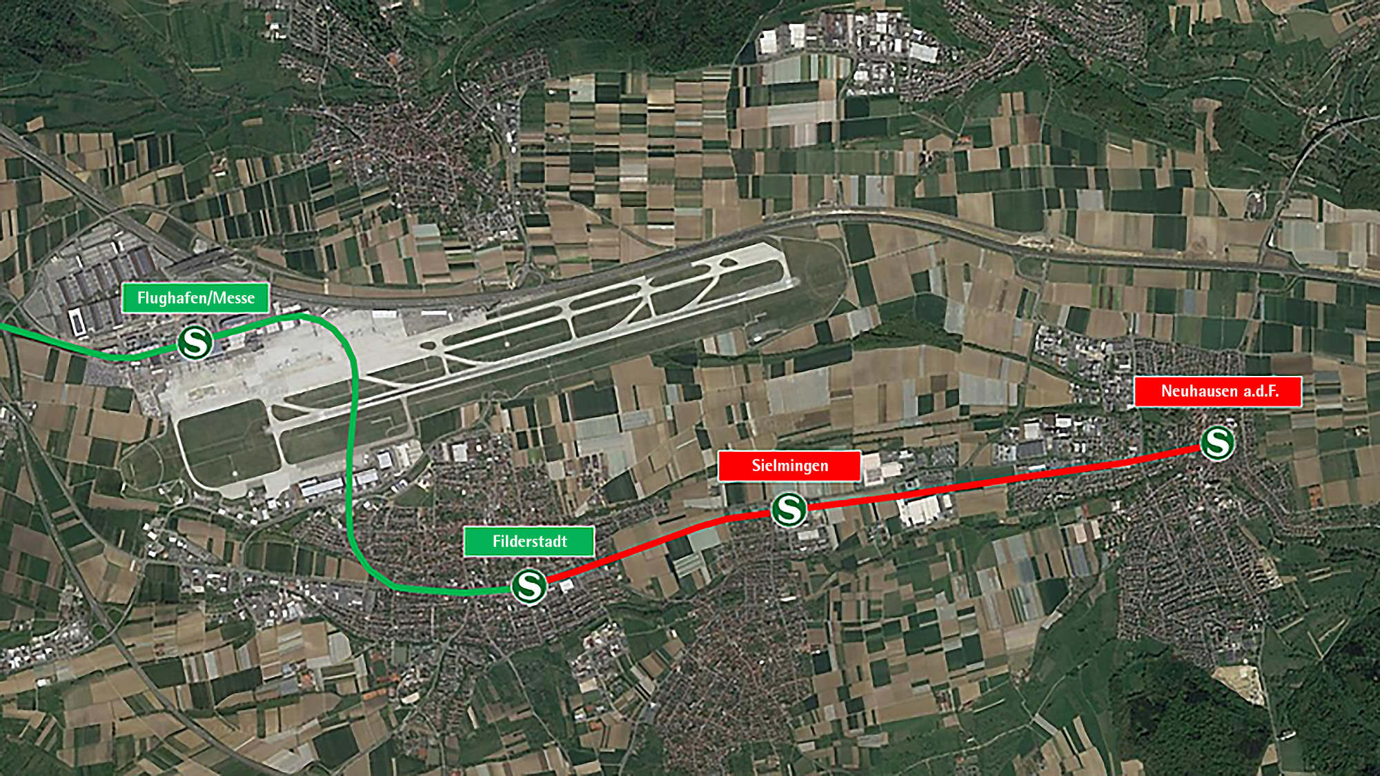 Luftbild des Streckenverlaufs der S-Bahn von Filderstadt nach Neuhausen