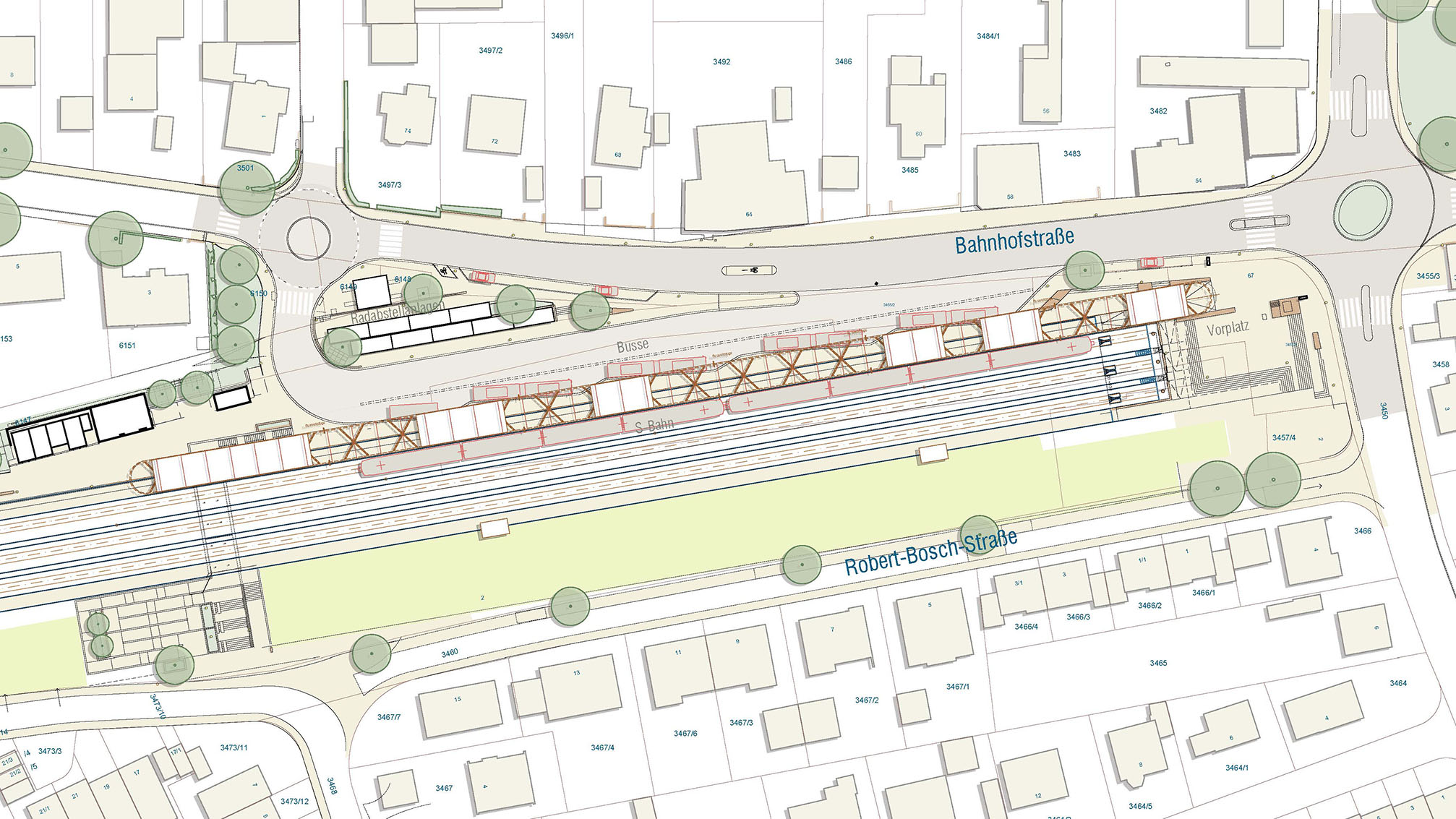 Übersichtsplan des neuen Bahnhofs a. d. F. mit Fahrradparkplatz, Gleisen, Busbahnhof und Fußgängerunterführung.