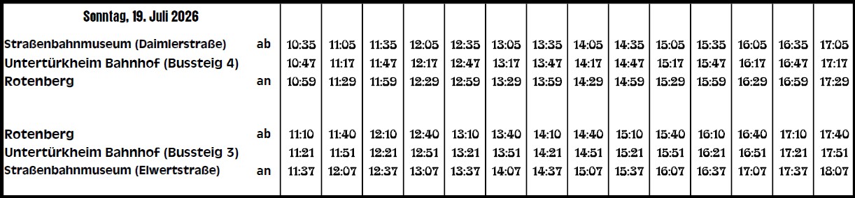 Fahrplan Rundfahrten: Straßenbahnmuseum <-> Rotenberg Gültig am Sonntag, 19. Juli 2026