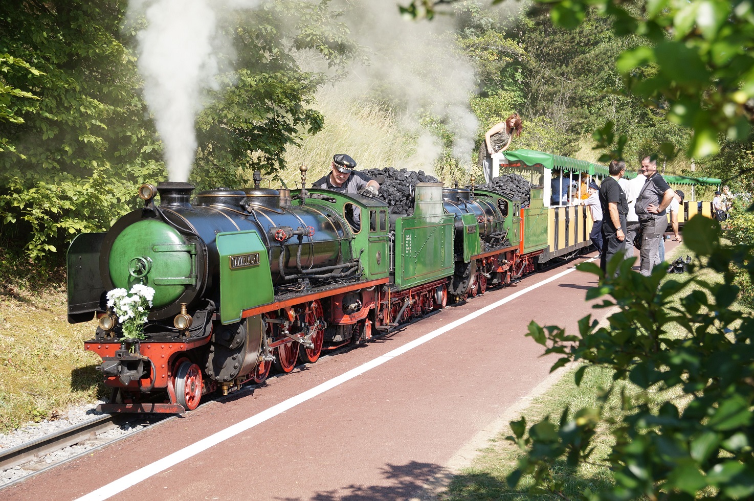 Fahrende Lokomotive im Grünen.
