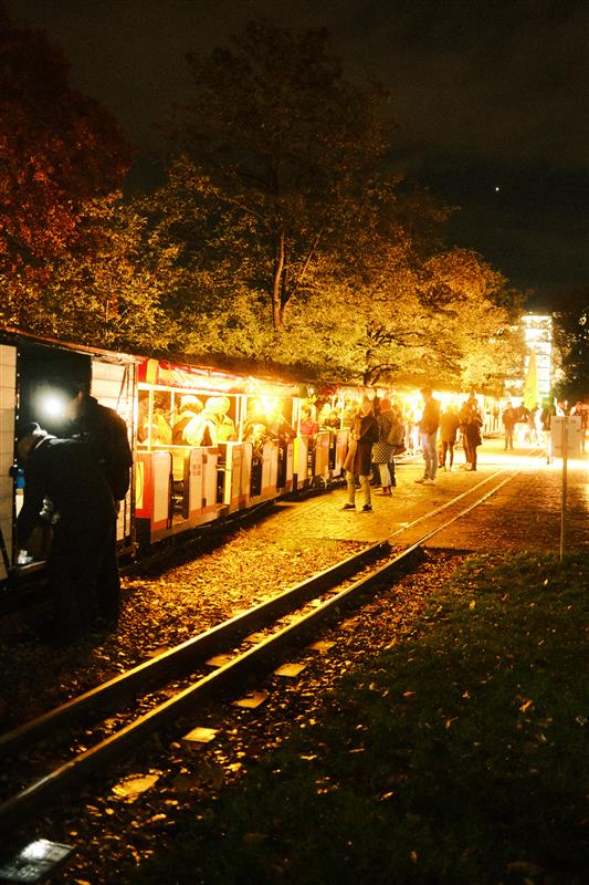 Am Bahnhof der Killesbergbahn steht im Dunkeln ein hell erleuchteter Zug