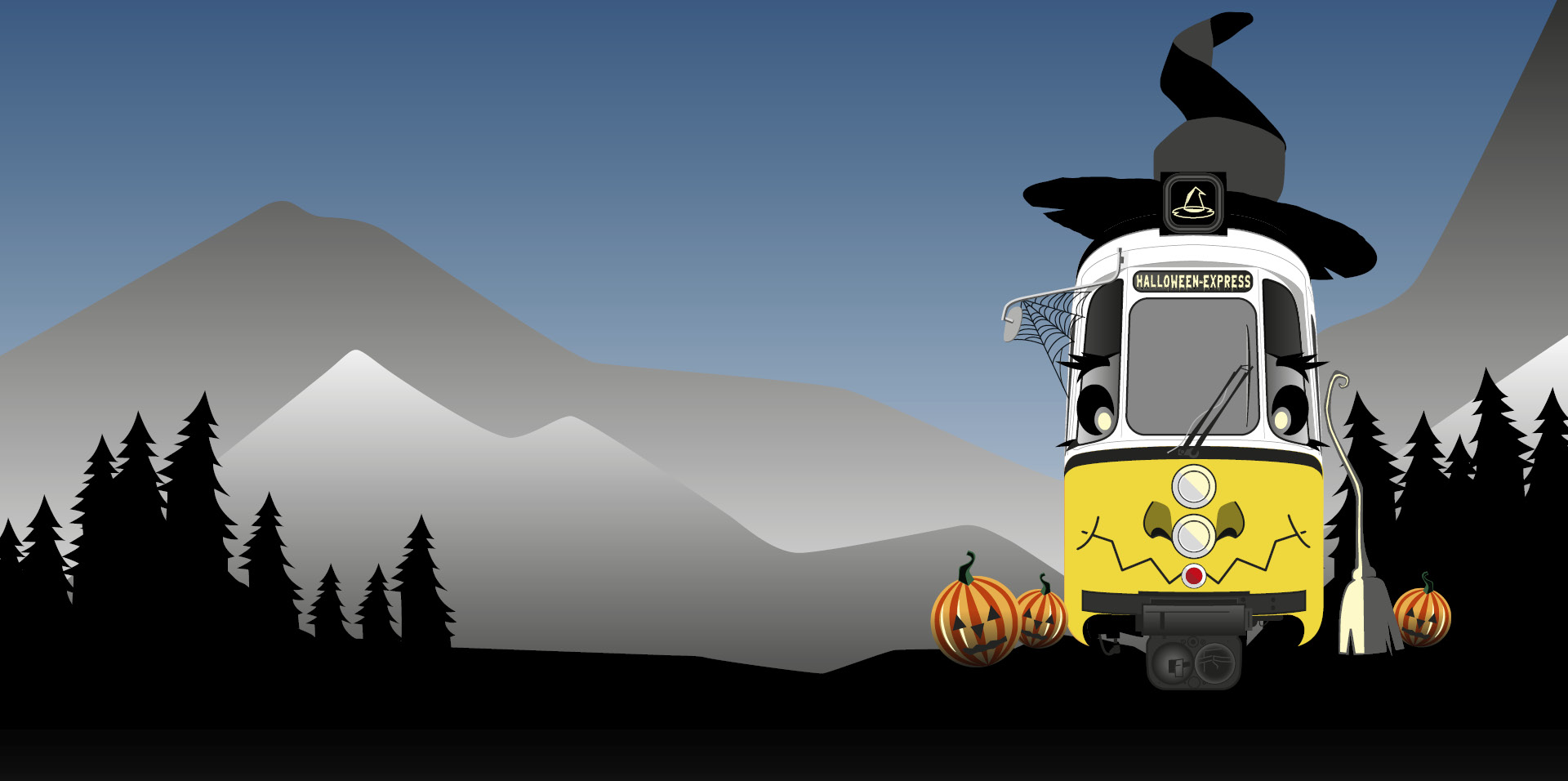 Museum Halloween-Express Slider Eine Illustration einer Halloween-dekorierten Oldimer-Straßenbahn mit schwarzem Hexenhut.